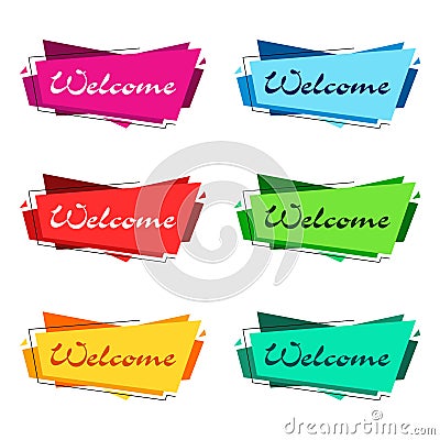 Set of geometric stickers with the inscription `Welcome`ng Vector Illustration